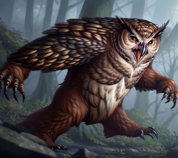 00087-3007445710-flying Owlbear with demon wings, Volumetric lighting, concept art, brush stroke style, artstation, trending, highly detailed.png